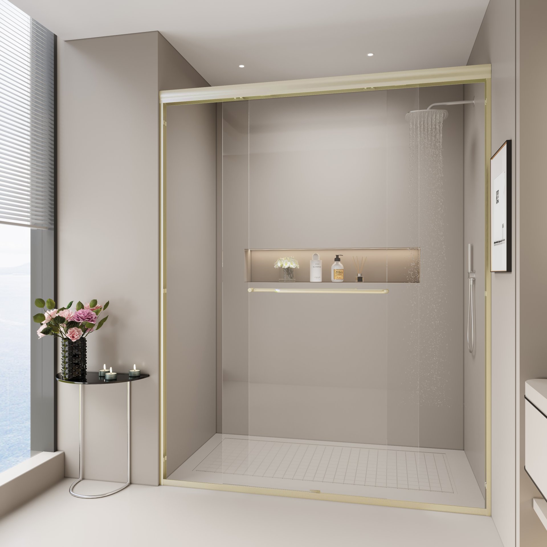 Double Sliding Shower Door, Semi Frameless Bypass Bathroom Sliding Door With 1 / 4" (6Mm) Tempered Glass For Walk In Shower - Brushed Gold - Image 4