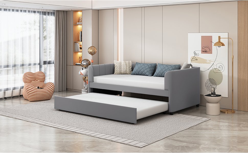 Twin Size Upholstered Daybed With Ergonomic Design Backrest And Trundle - Gray - Image 12