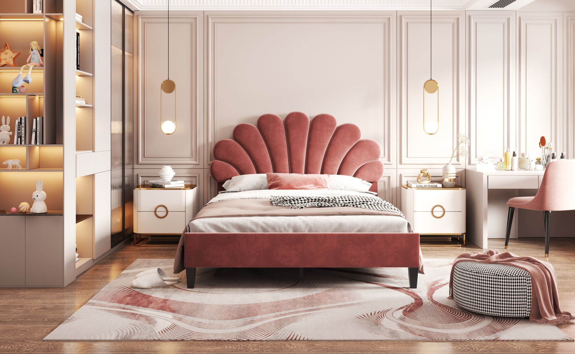 Full Size Upholstered Platform Bed With Flower Pattern Headboard - Bean Paste Red - Image 11