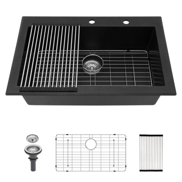 Kitchen Sink 33" X 22" Granite Composite Drop In Sink With Durable Construction - Black