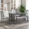 6 Piece Family Dining Room Set Solid Wood Space Saving Foldable Table And 4 Chairs With Bench - Gray - Image 2