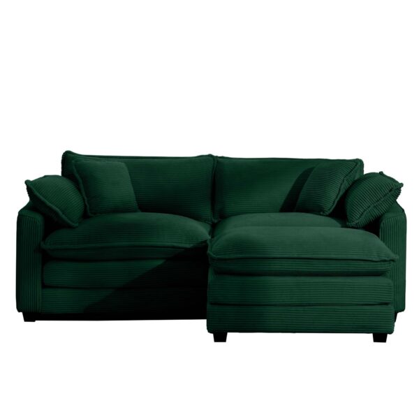 Stylish L Shaped Corduroy 2 Seater Sofa With Ottoman For Small Spaces - Green