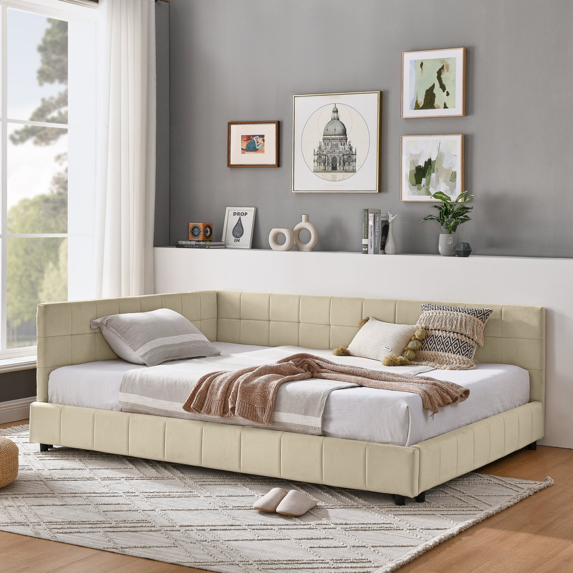 Mid Century Full Size Upholstered Tufted Bed Frame With Comfortable Backrest And Armrests Velvet - Beige - Image 4
