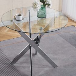 Dining Table With Cross Metal Leg And Tempered Glass, Modern Space Saving Kitchen Table For Living Room Legs - Chrome