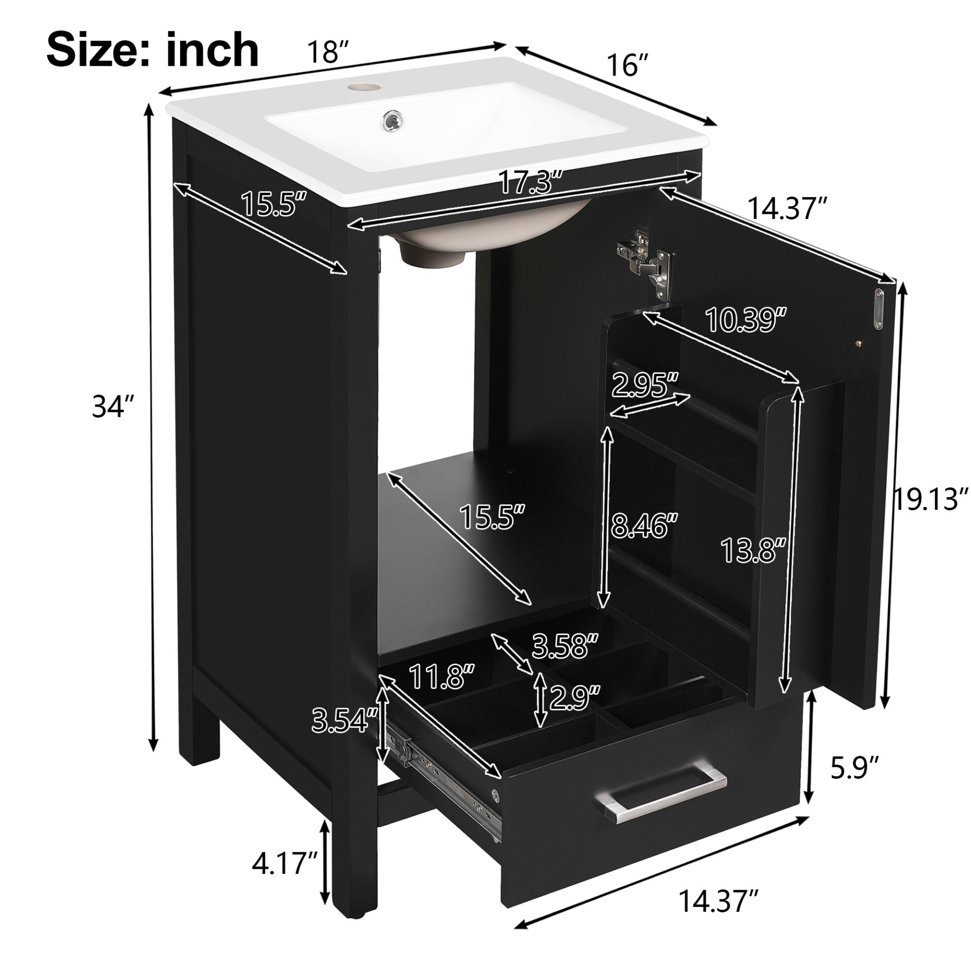 18" Bathroom Vanity With Sink, Soft Close Drawers, Door Organizer, Divider Drawer, Adjustable Foot Pads - Black - Image 3