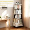 5 Tier Rotating Bookshelf With Wheels And Drawer, 360° Spinning Design, Space Saving Storage, For Home And Office - White - Image 11