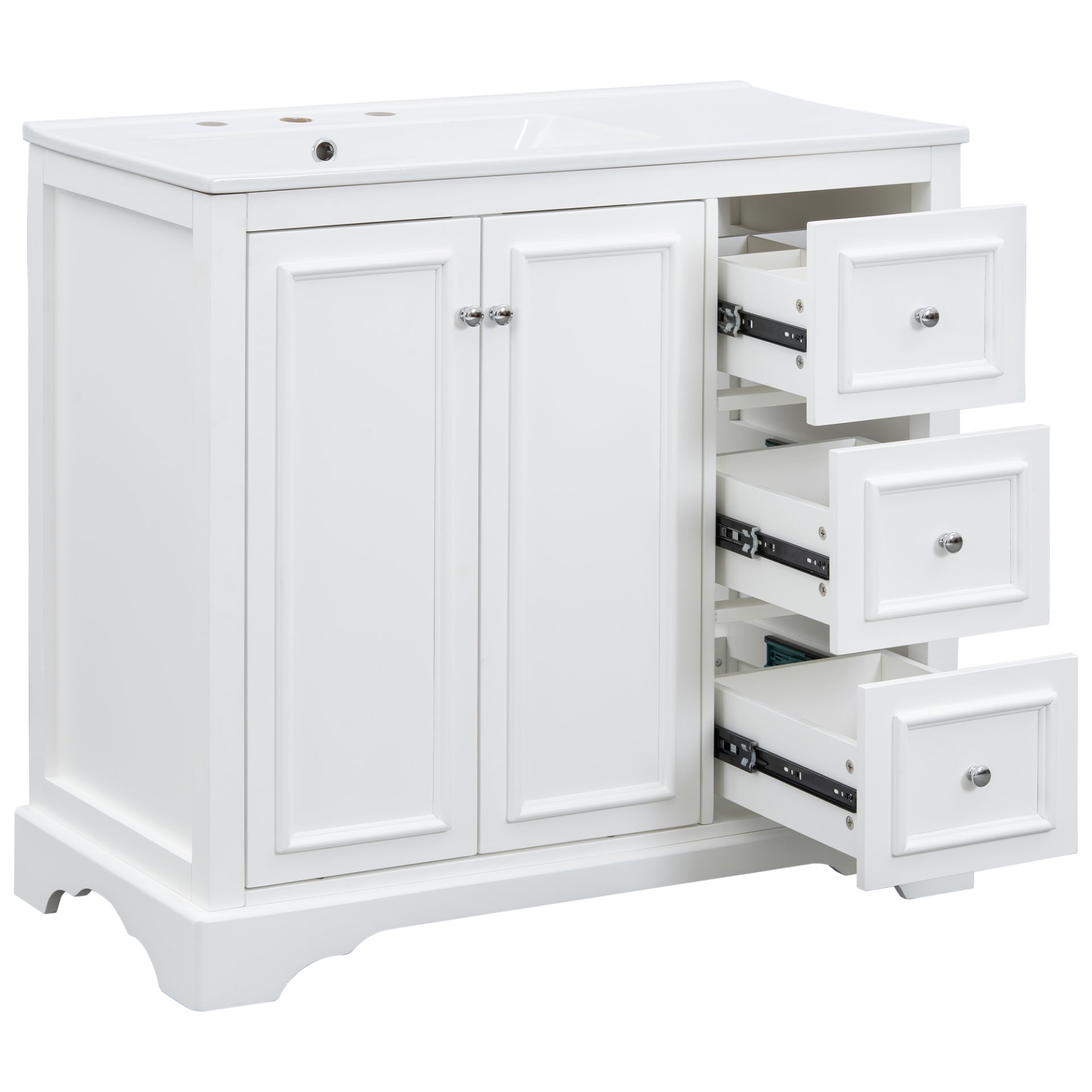 36" Transitional Bathroom Vanity With Sink, Soft Close Doors, Adjustable U Shelf, 3 Drawers - White - Image 15