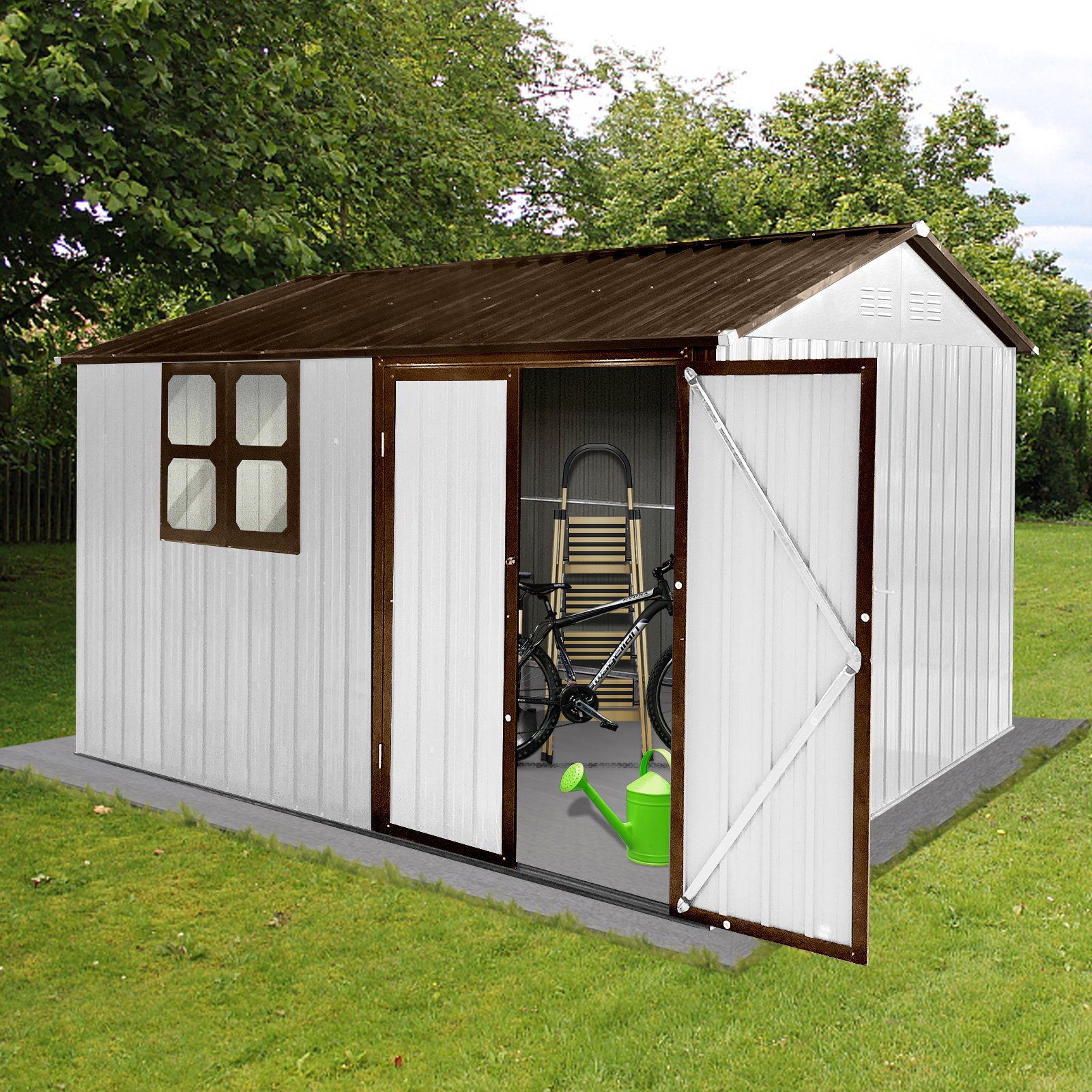 10'x8' Garden Sheds Outdoor Storage Sheds With Window - White / Coffee - Image 4