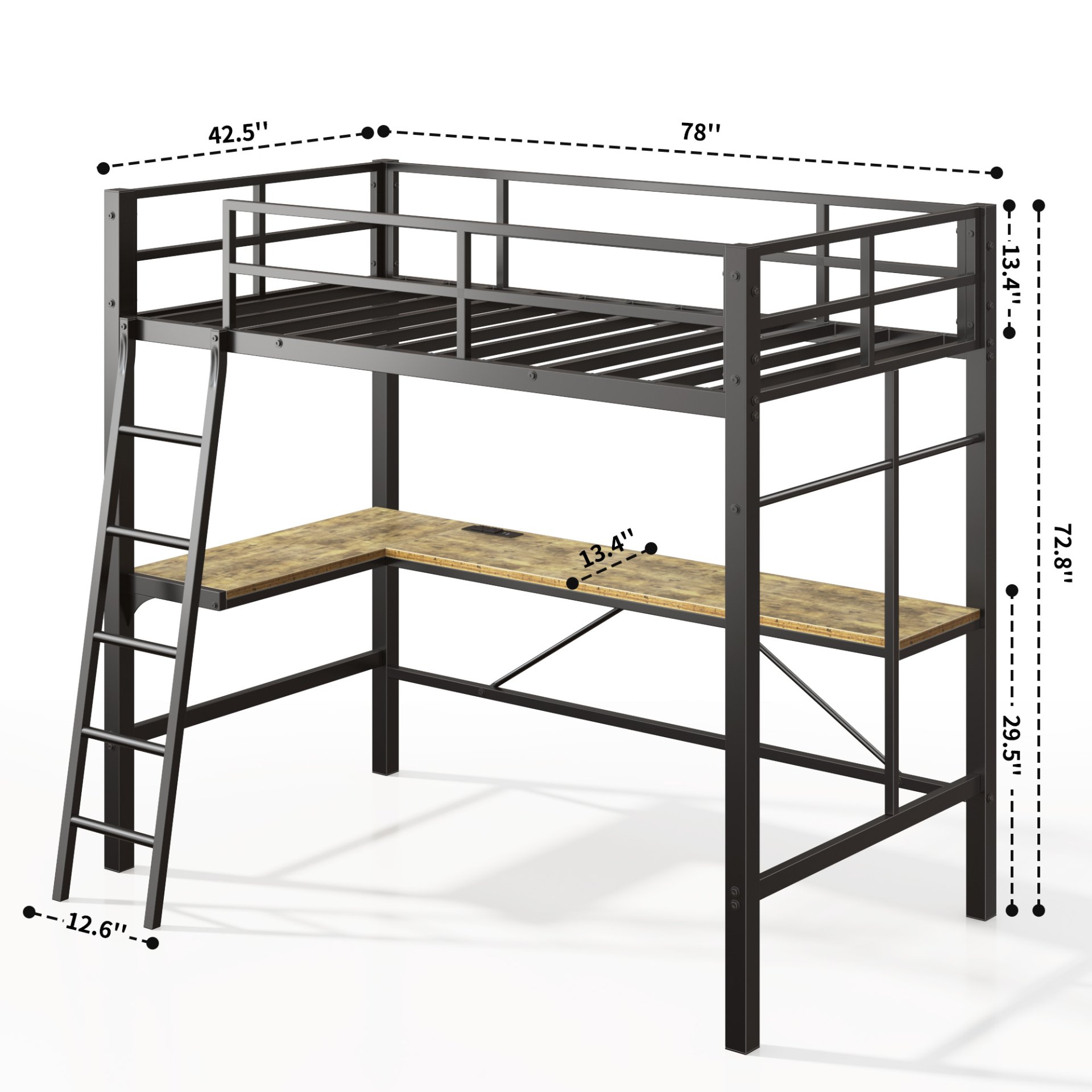 Twin Metal Loft Bed With L - Shaped Desk, Charging Station Loft Bed Frame Twin Size, Safety Guard & Ladder, No Box Spring Needed - Black - Image 3