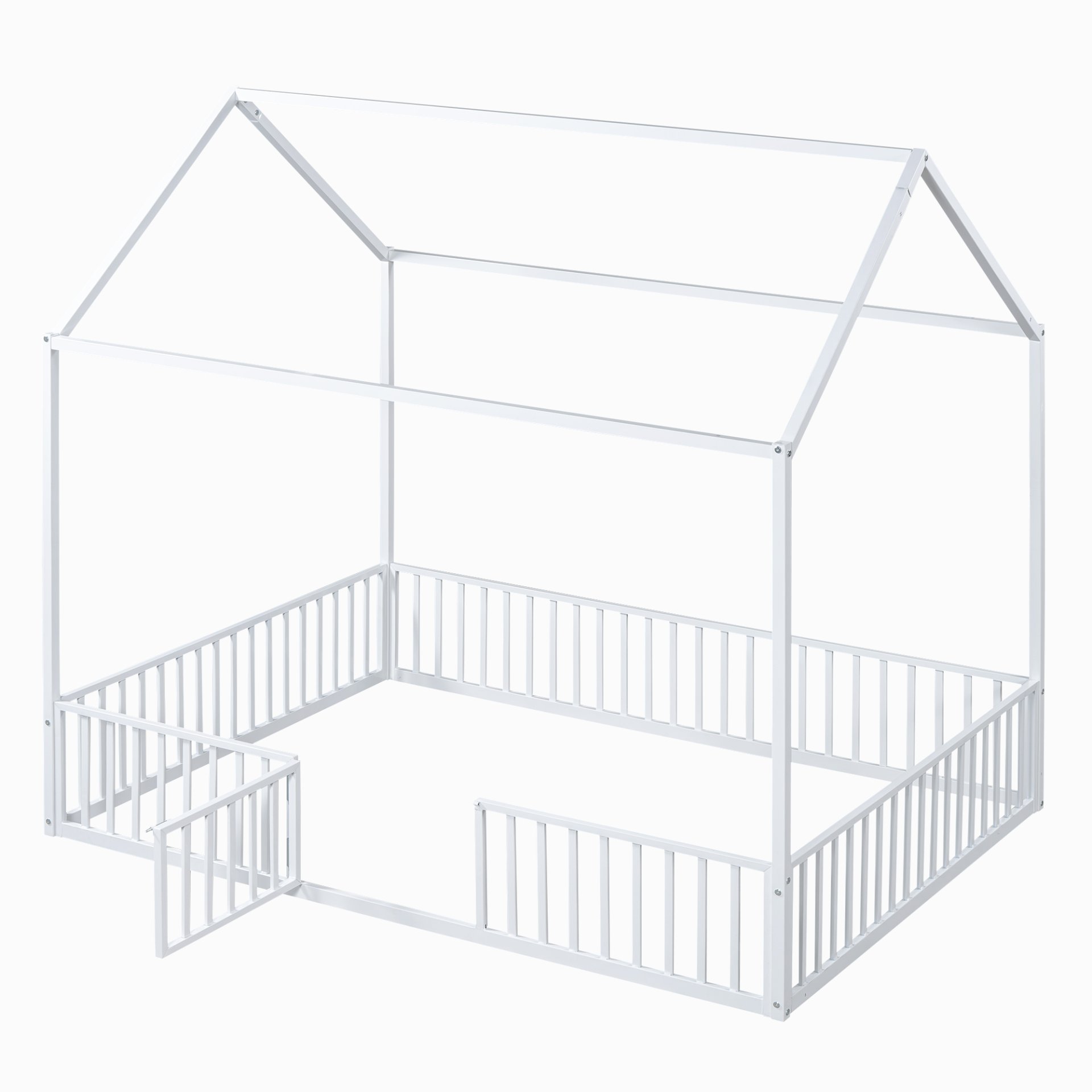Full Size Metal House Bed With Fence And Door - White - Image 4