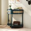 Boho Rattan Semi Circle End Table With Sliding Rattan Door, Elegant Entryway Console With Storage And Bottom Shelf - Antique Green - Image 14