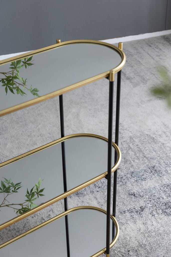 3 Tier Metal Console Table, Mirrored Shelf - Golden Black - Image 10
