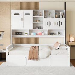 Twin Size Wooden Daybed With Hydraulic Bed And All In One Cabinet And Shelf - White