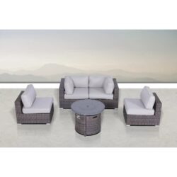 All Weather Rattan Sectional Lounge Set With Cushions And Fire Pit - Brown Mix / Gray