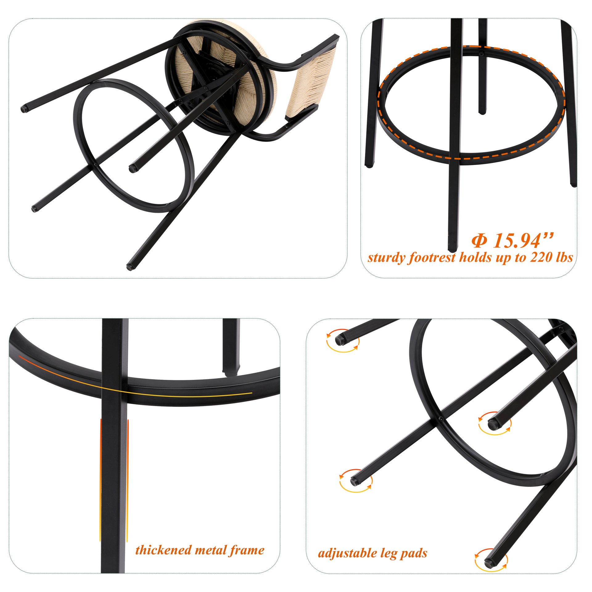 Bar Stools Swivel Counter Chairs With Metal Frame (Set of 2) Hand Woven Paper Rope Dining Barstools For Kitchen Counter - Creamy White - Image 9