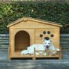 Wooden Dog House Outdoor With Porch, Dog Kennel With Water Resistant Asphalt Roof And Fencing, Indoor & Outdoor Dog Crate With Paw Print, Medium - Nature - Image 3