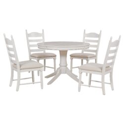 5 Piece Retro Functional Dining Table Set With Extendable Round Table And Upholstered Chairs - Antique White