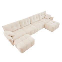 Exquisite 4 Seater Sofa Set With 2 Ottomans Frame, High Resilience Cushions - Premium White