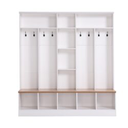 Wide Design Hall Tree With Storage Bench, Minimalist Shoe Cabinet With Cube Storage & Shelves, Multifunctional Coat Rack With 8 Hooks For Entryways, Mudroom - White