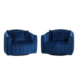 Upholstered Oversized 360 Degree Swivel Accent Barrel Chair And Half Cozy Sofa With 3 Pillows, Channel Tufted Pumpkin Shape Club Armchair For Living Room, Bedroom, Office, Lounge - Navy