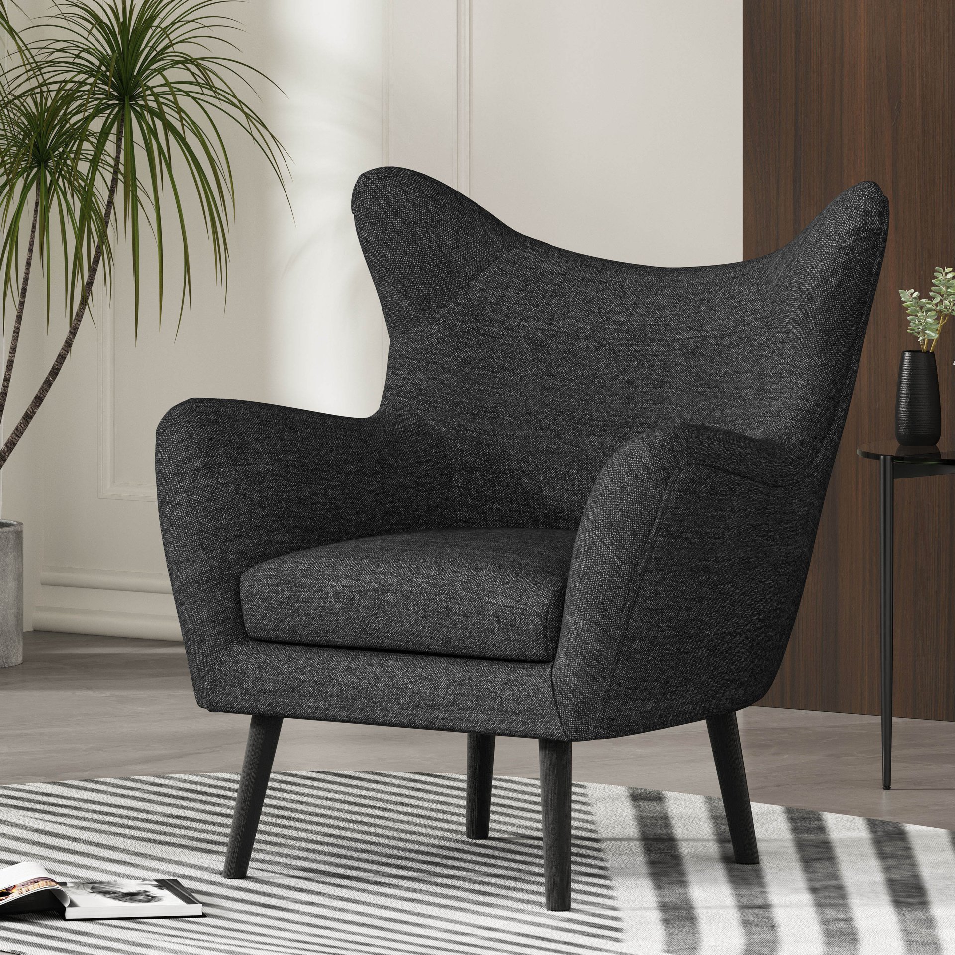 Modern Arm Chair With Wingback Design - Black / Oak Wood - Image 4