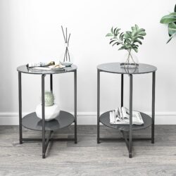 Tempered Glass End Table (Set of 2), Round Coffee Table For Bedroom Living Room Office - Black