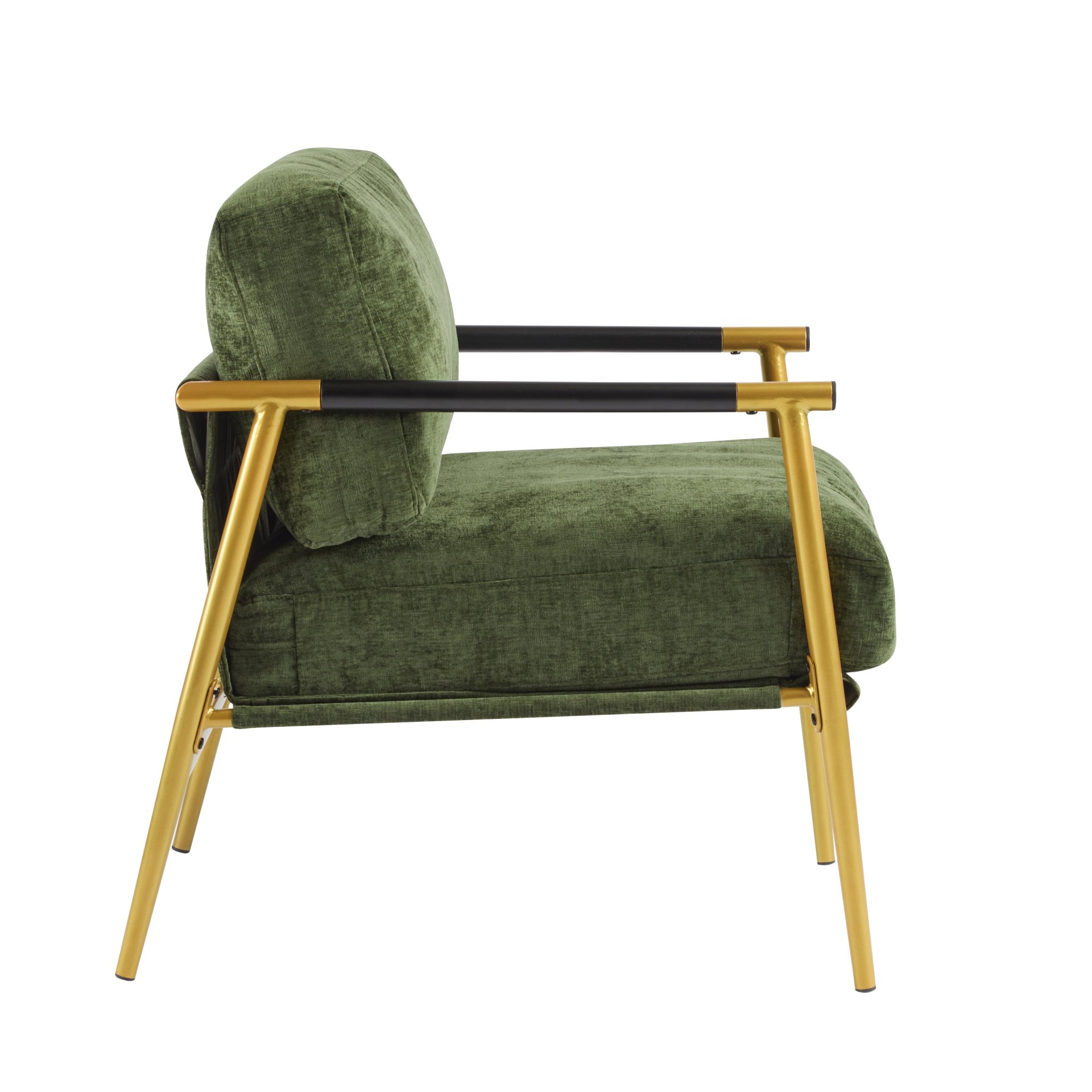 Modern Accent Chair With Plush Cushions, Minimalist Metal Frame, & Wooden Armrest Design - Gold / Green - Image 13