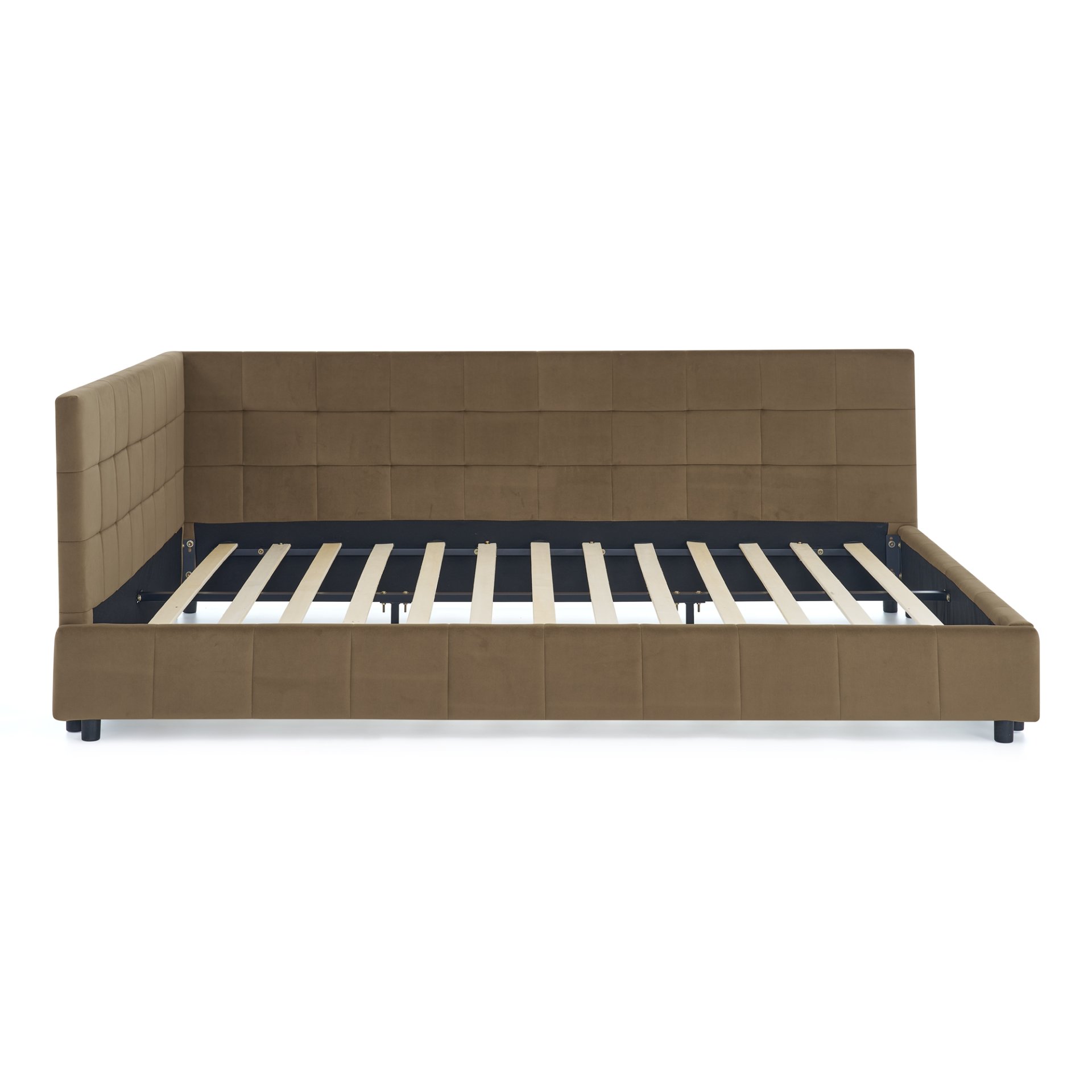 Mid Century Queen Size Upholstered Tufted Bed Frame With Backrest And Armrests Velvet - Brown - Image 9