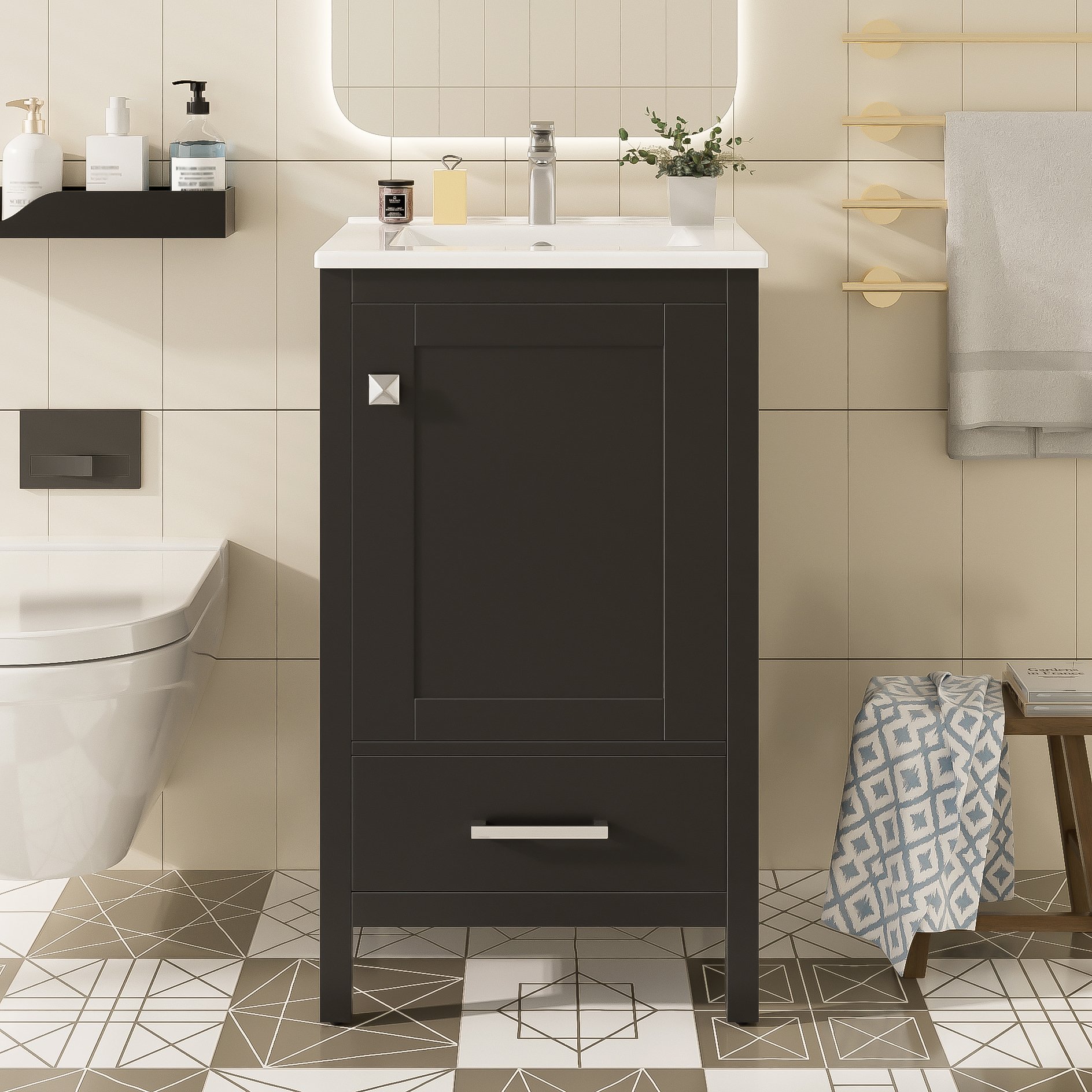 20" Bathroom Vanity With Sink, Soft Close Drawers, Door Organizer, Divider Drawer, Adjustable Foot Pads - Black - Image 5