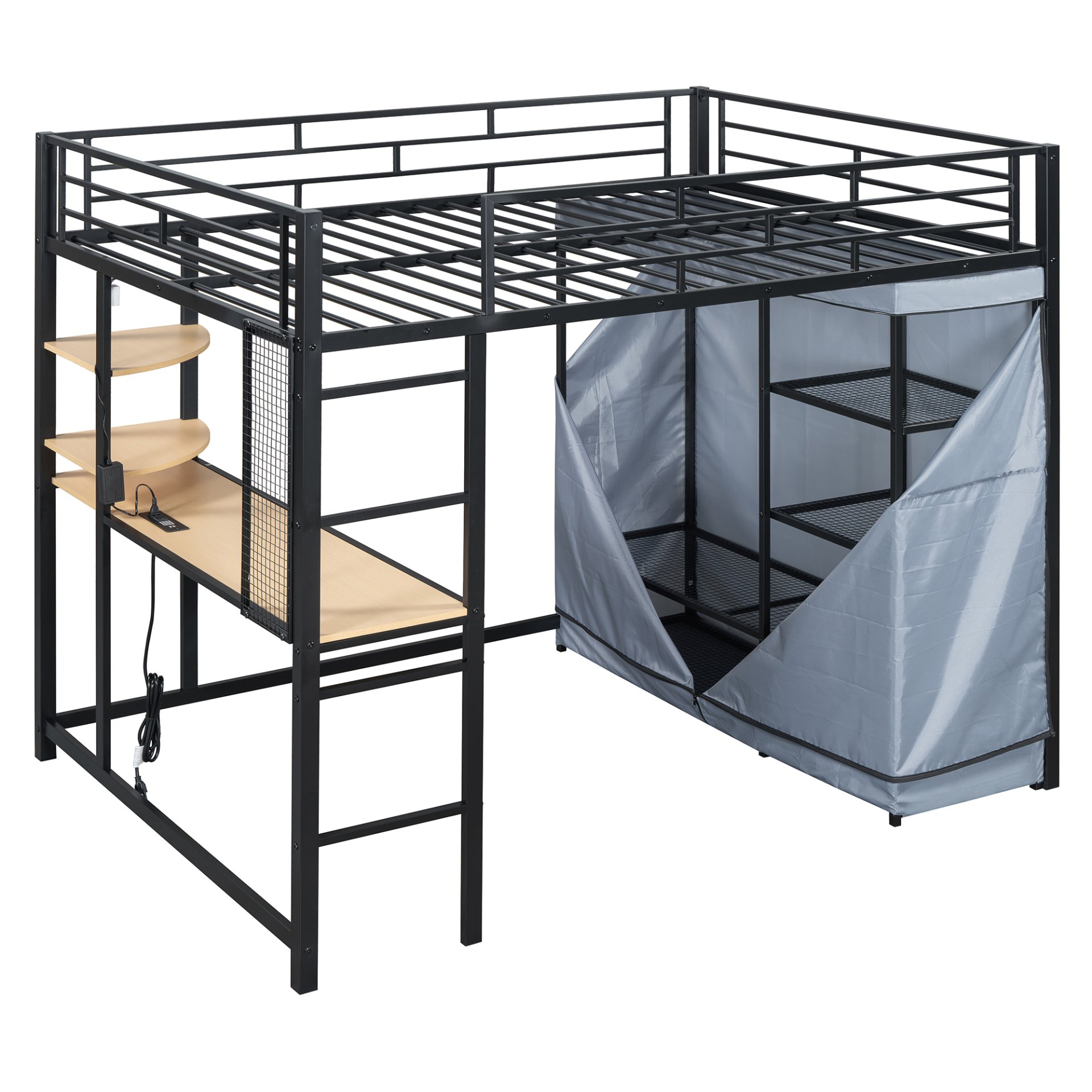 Full Size Loft Bed With Desk, Shelves, Power Outlet, LED Light And Wardrobe - Black - Image 16