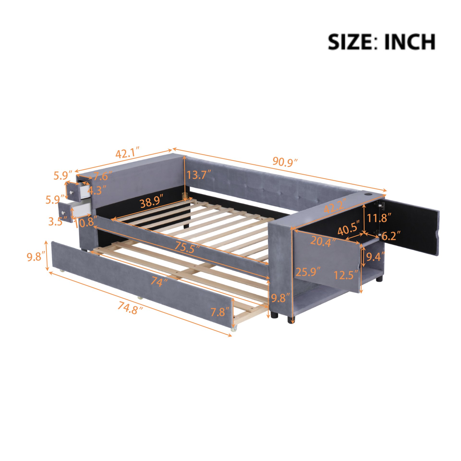 Twin Upholstered Bed With Storage And Twin Trundle, USB Charging Ports - Gray - Image 3