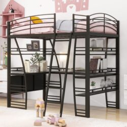Full Size Loft Bed With 4 Layers Of Shelves And L-Shaped Desk, Stylish Frame With A Set Of Sockets, USB Ports And Wireless Charging - Black