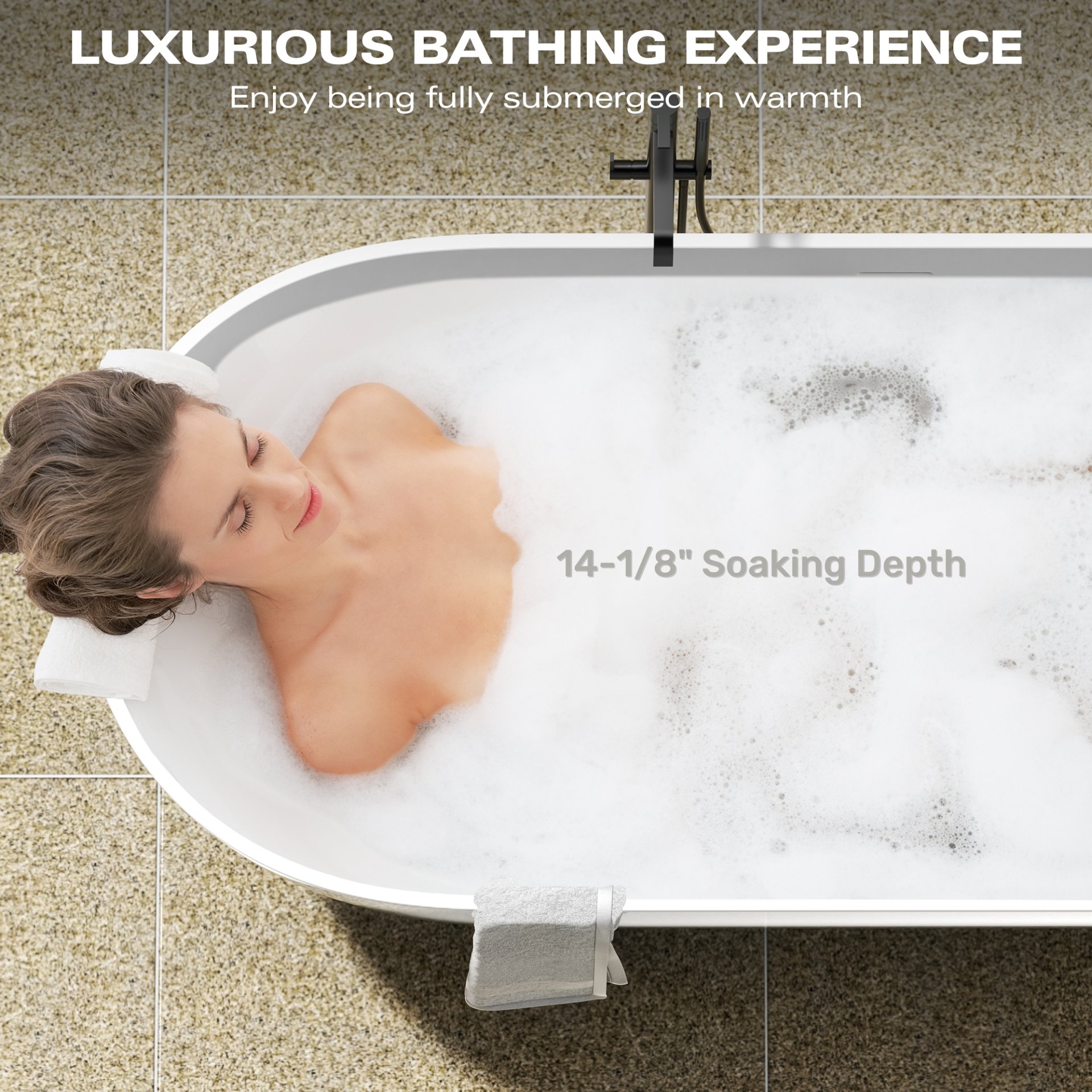 59" Freestanding Solid Surface Bathtub, Luxury Man-Made Stone Resin Freestanding Soaking Bathtub With Overflow And Pop-Up Drain For Contemporary Bathroom 22S03-59Gw - Glossy White - Image 6