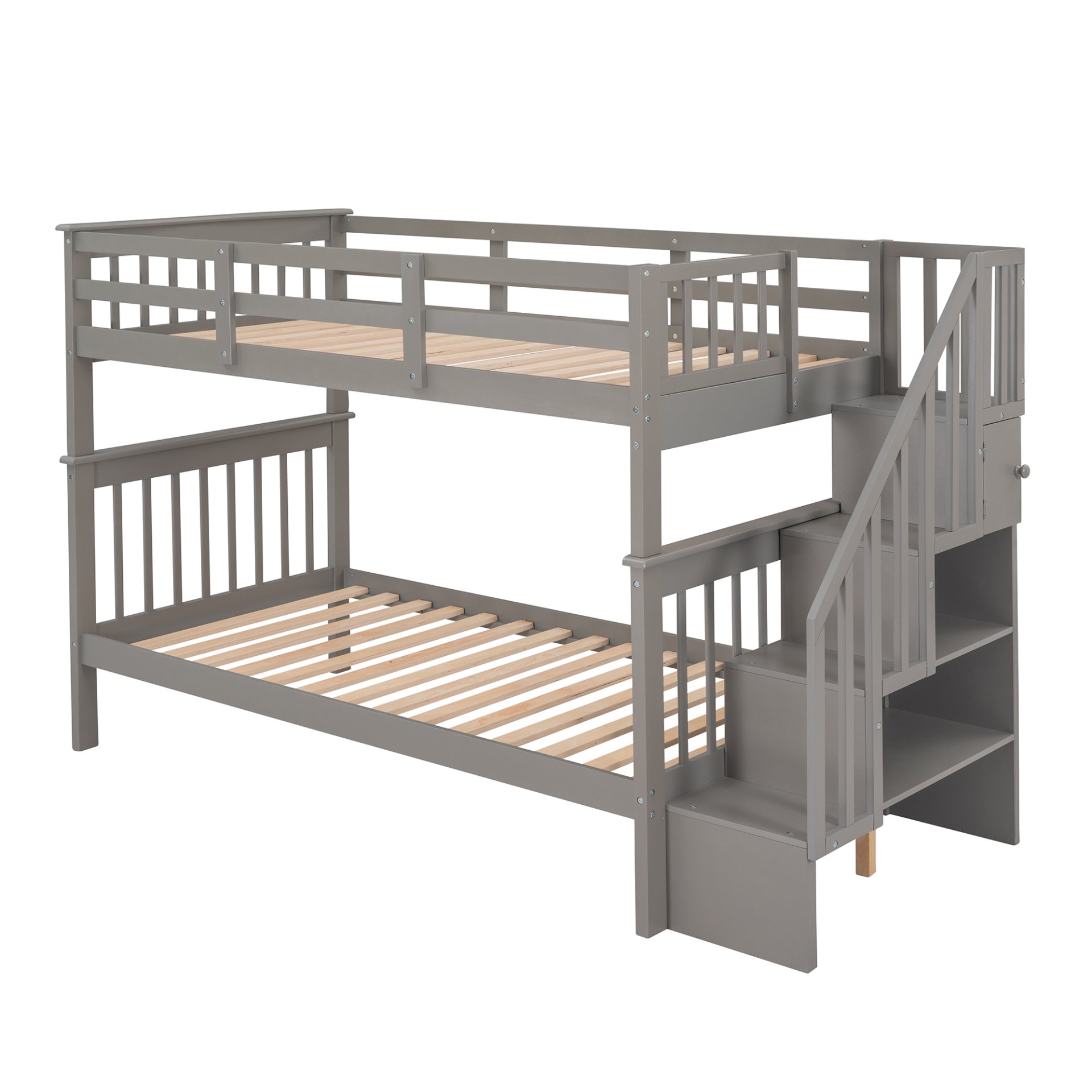 Stairway Twin Over Twin Bunk Bed With Storage And Guard Rail For Bedroom - Gray - Image 7