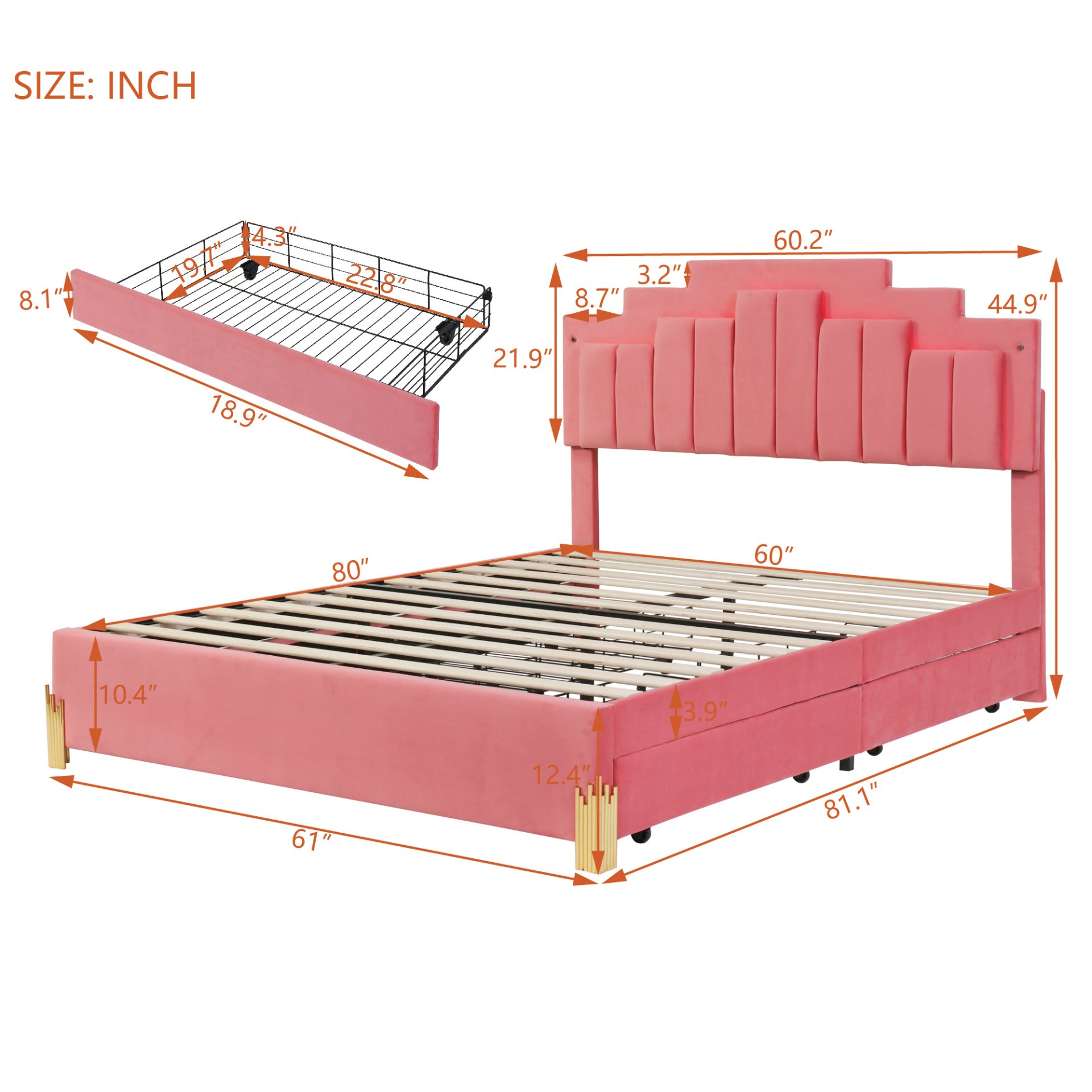 Queen Size Upholstered Platform Bed With LED Lights And 4 Drawers, Stylish Irregular Metal Bed Legs Design - Pink - Image 8