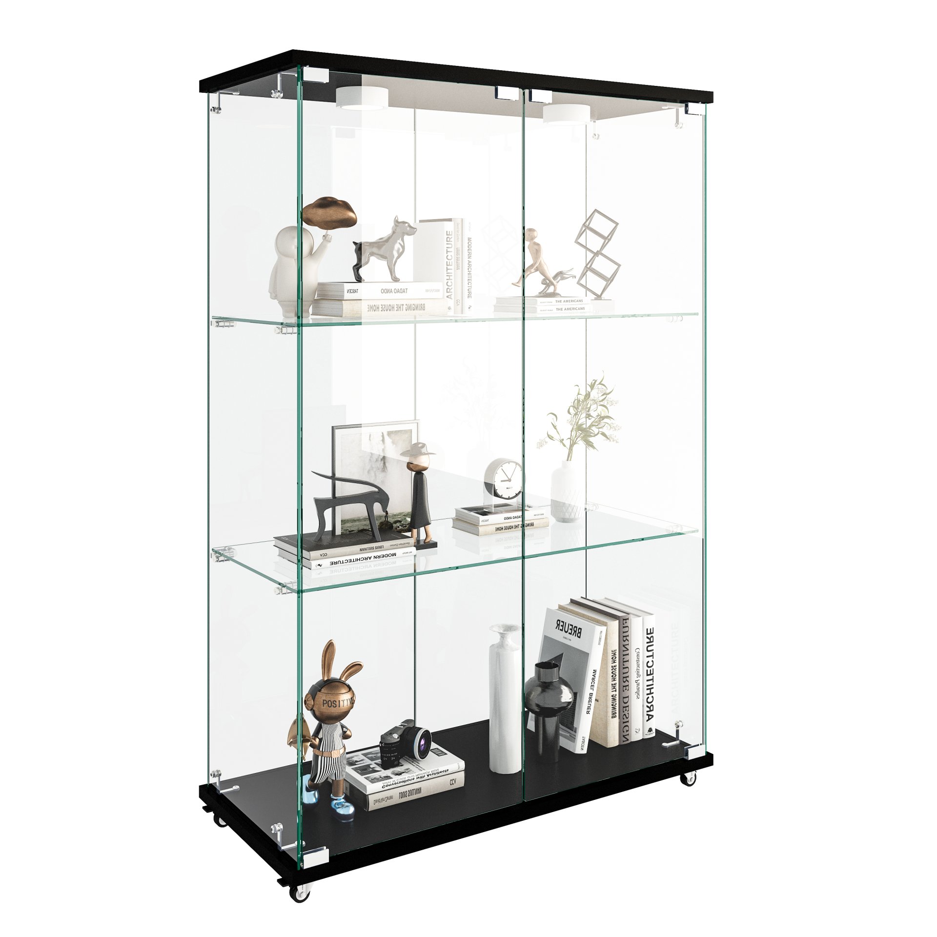Modern Display Cabinet With LED Lights, Tempered Glass 2 Door Storage Case With 3 Shelves For Living Room Or Bedroom - Transparent - Image 8