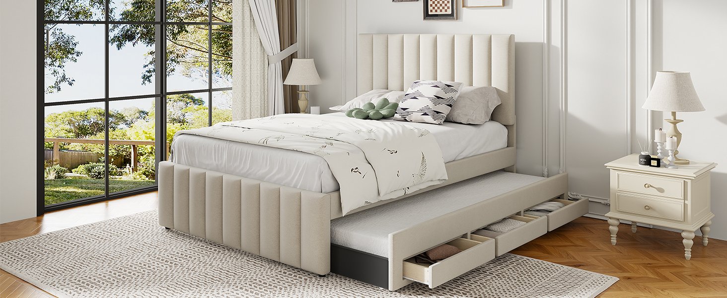 Full Size Upholstered Platform Bed With Twin Size Trundle And 3 Drawers - Beige - Image 13