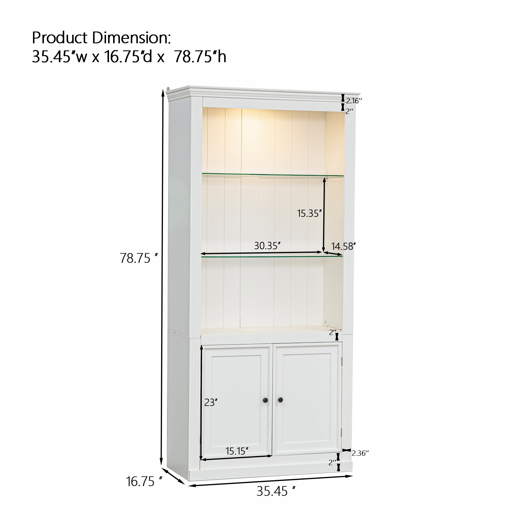 Retro Style Display Bookcase With Adjustable LED Ceiling Light And Tempered Glass Shelves - White - Image 3