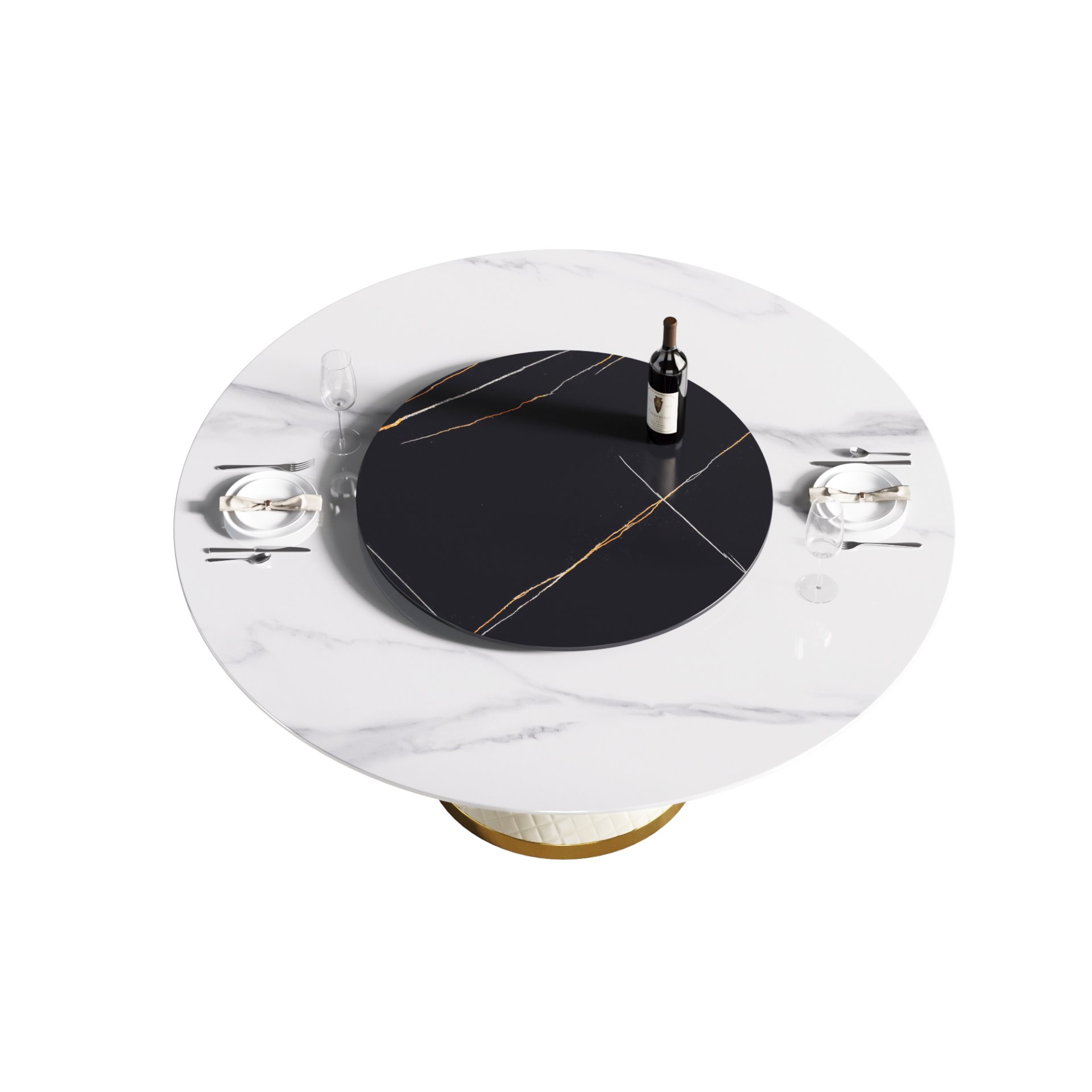 59.05" Modern Artificial Stone Round Carbon Steel Base Dining Table, Black Artificial Stone Turntable - White - Image 10