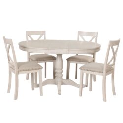 Modern Dining Table Set For 4, Round Table And 4 Kitchen Room Chairs, 5 Piece Kitchen Table Set For Dining Room, Dinette, Breakfast Nook - Antique White
