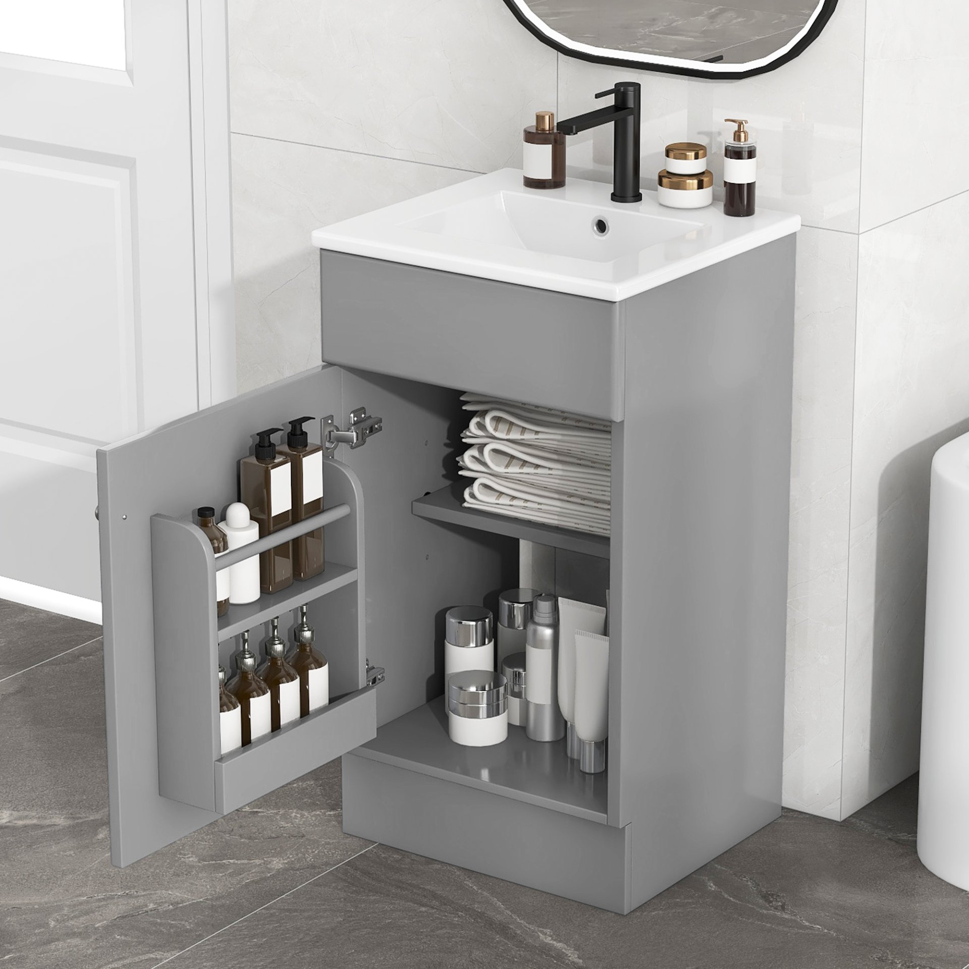Bathroom Vanity With Sink, Vanity Cabinet With Door Shelf And Adjustable Shelf - Gray - Image 2