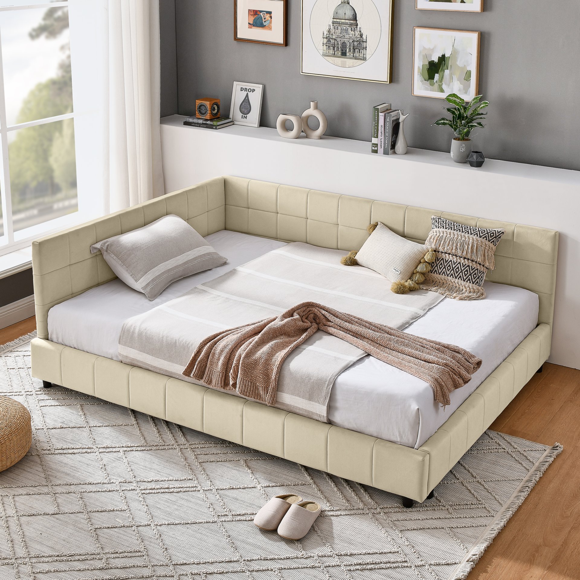 Mid Century Full Size Upholstered Tufted Bed Frame With Comfortable Backrest And Armrests Velvet - Beige - Image 3
