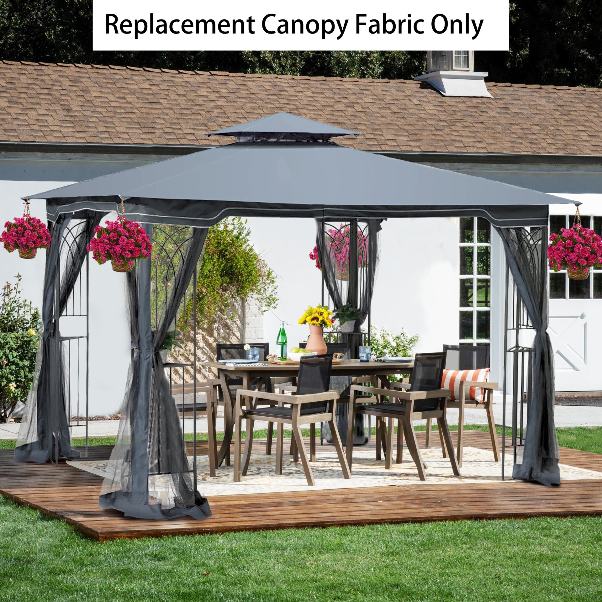 Patio Double Roof Gazebo Replacement Canopy Top Fabric - Gray - Image 2