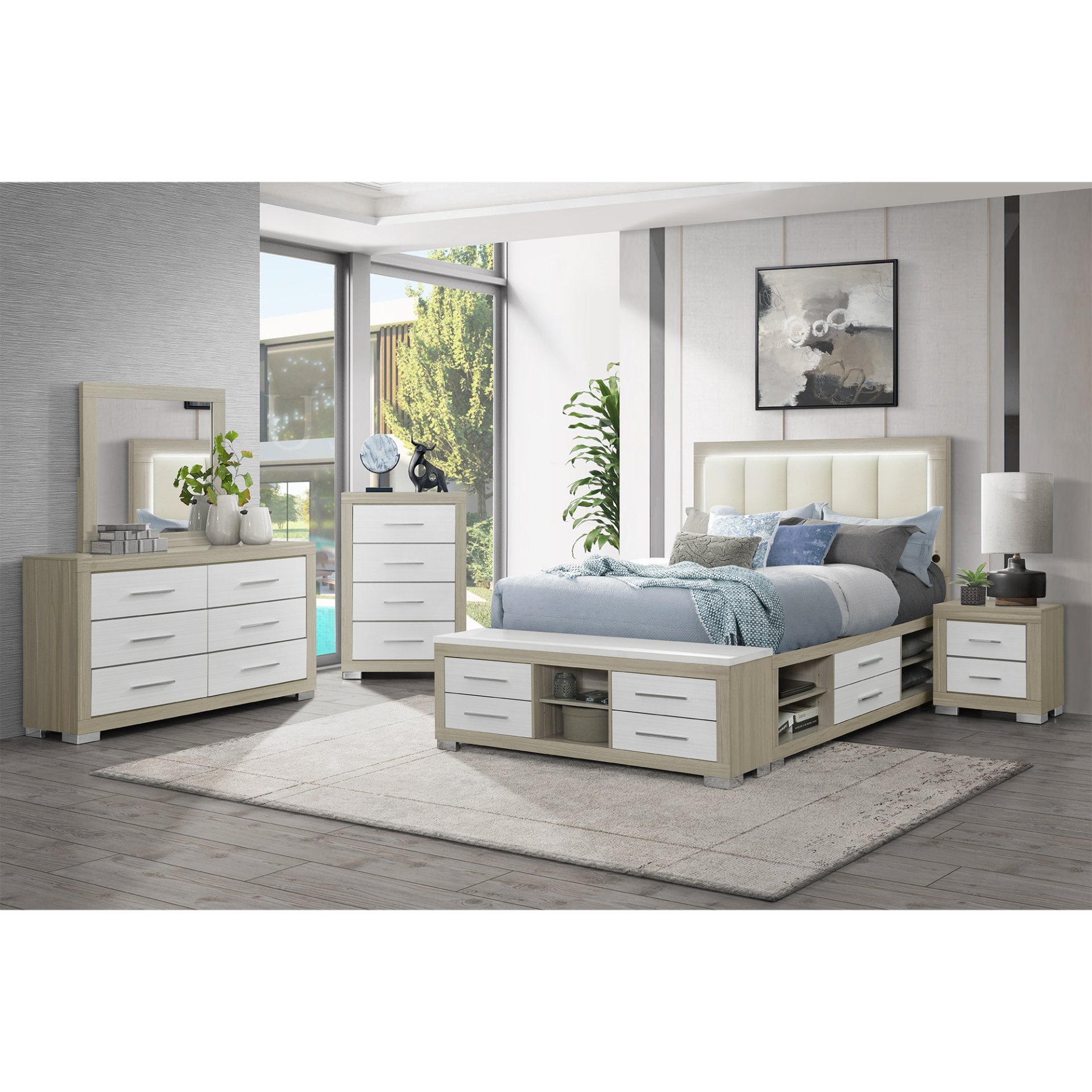 Emilia - Panel Queen Bedroom 5 Piece Set With Storage And LED Lighting - Natural / White - Image 2