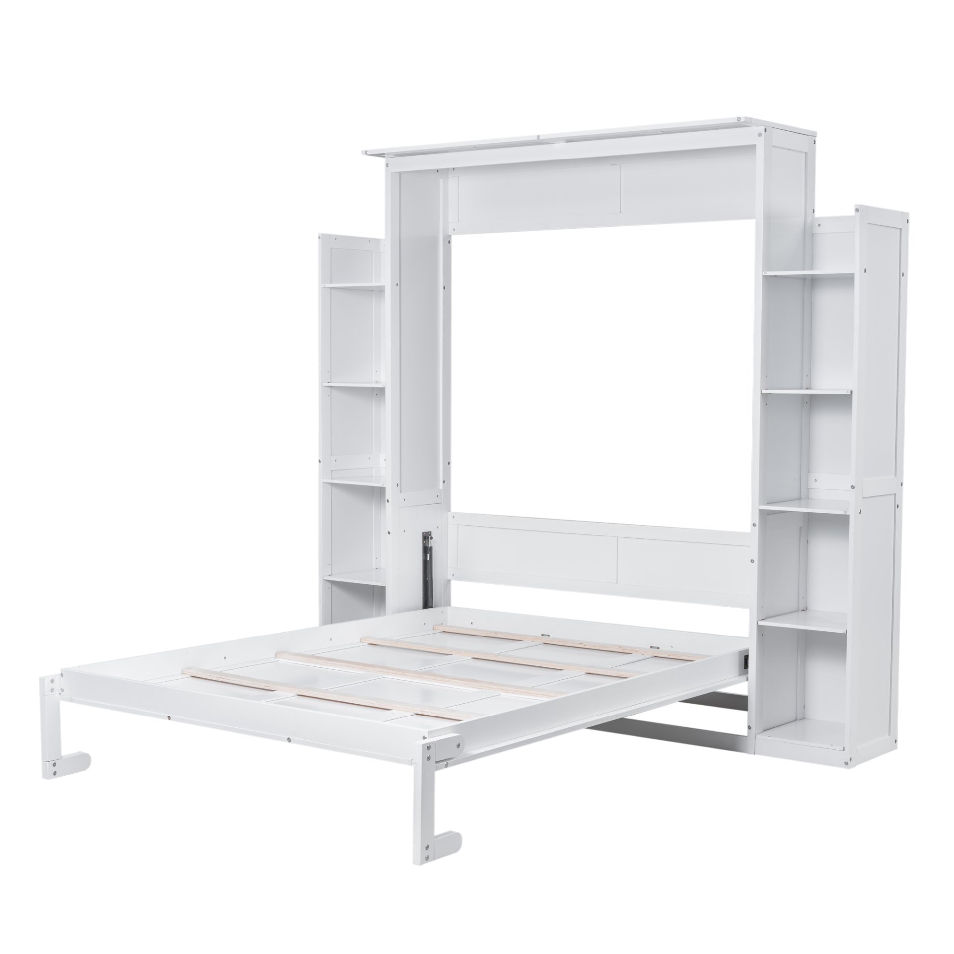 Queen Size Murphy Wall Bed With Shelves And LED Lights - White - Image 5