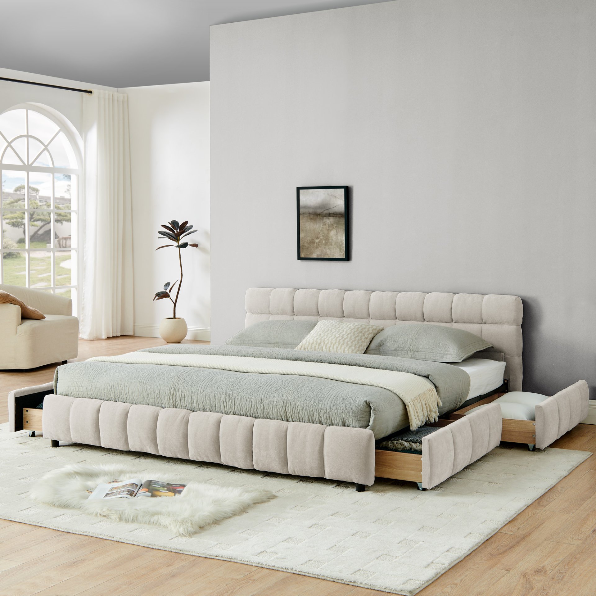 Modern King Size Upholstered Bed With Storage Drawer Solid Frame - Beige - Image 5