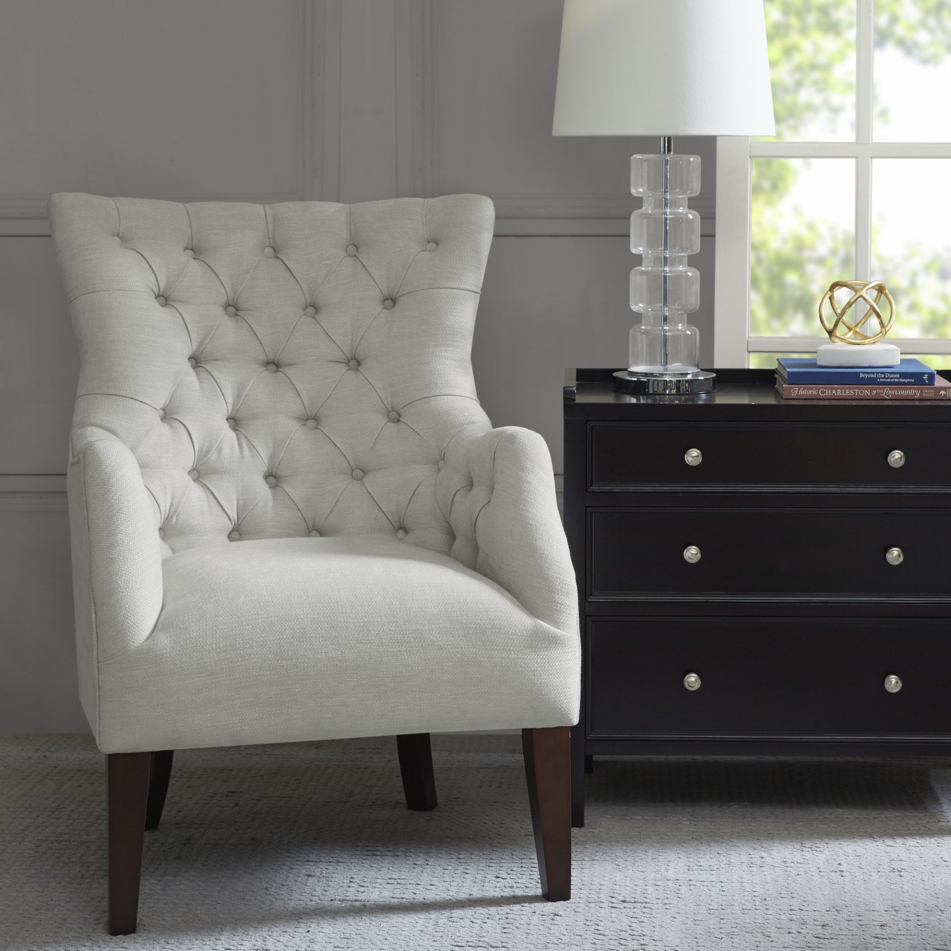 Hannah - Button Tufted Wing Chair - Ivory - Image 2