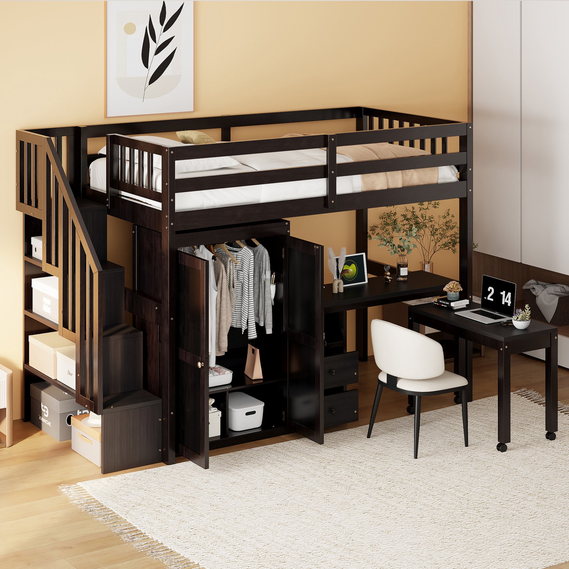 Twin Size Loft Bed With Stairs, Bookshelf, Drawers, Desk & Wardrobe, Space Saving Multifunctional Furniture - Espresso - Image 3