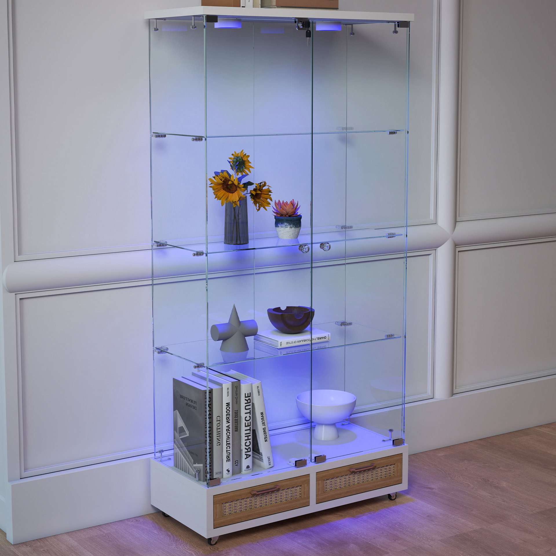 Glass Display Cabinet With LED Lights, Tempered Glass Doors, Large Drawers, 2 Door Storage Case With 4 Shelves - Natural / White - Image 11