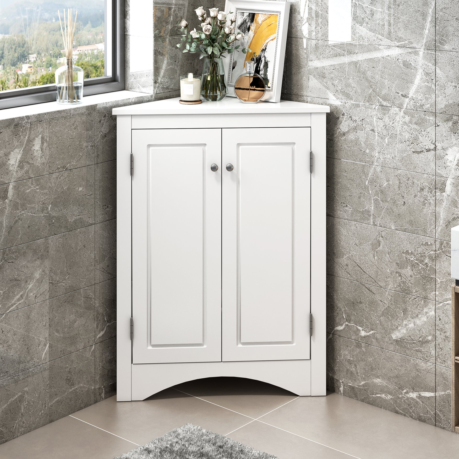 Triangle Bathroom Storage Cabinet With Adjustable Shelves, Freestanding Floor Cabinet For Home Kitchen - White - Image 5